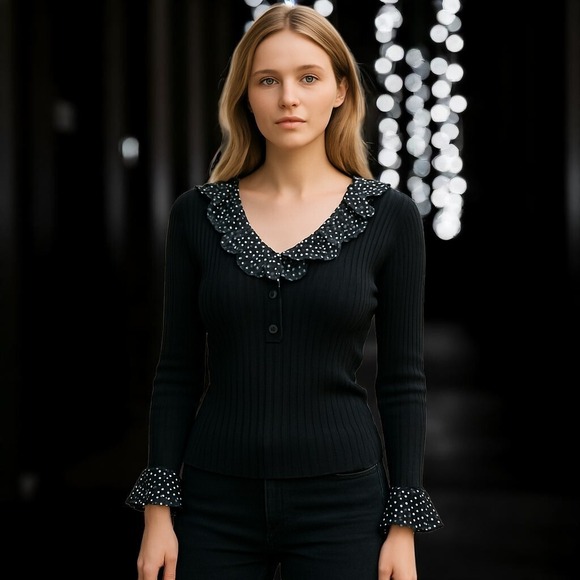 INC International Concepts Top Petite Large Ribbed Black Polka Dot 90s Retro - Picture 1 of 7